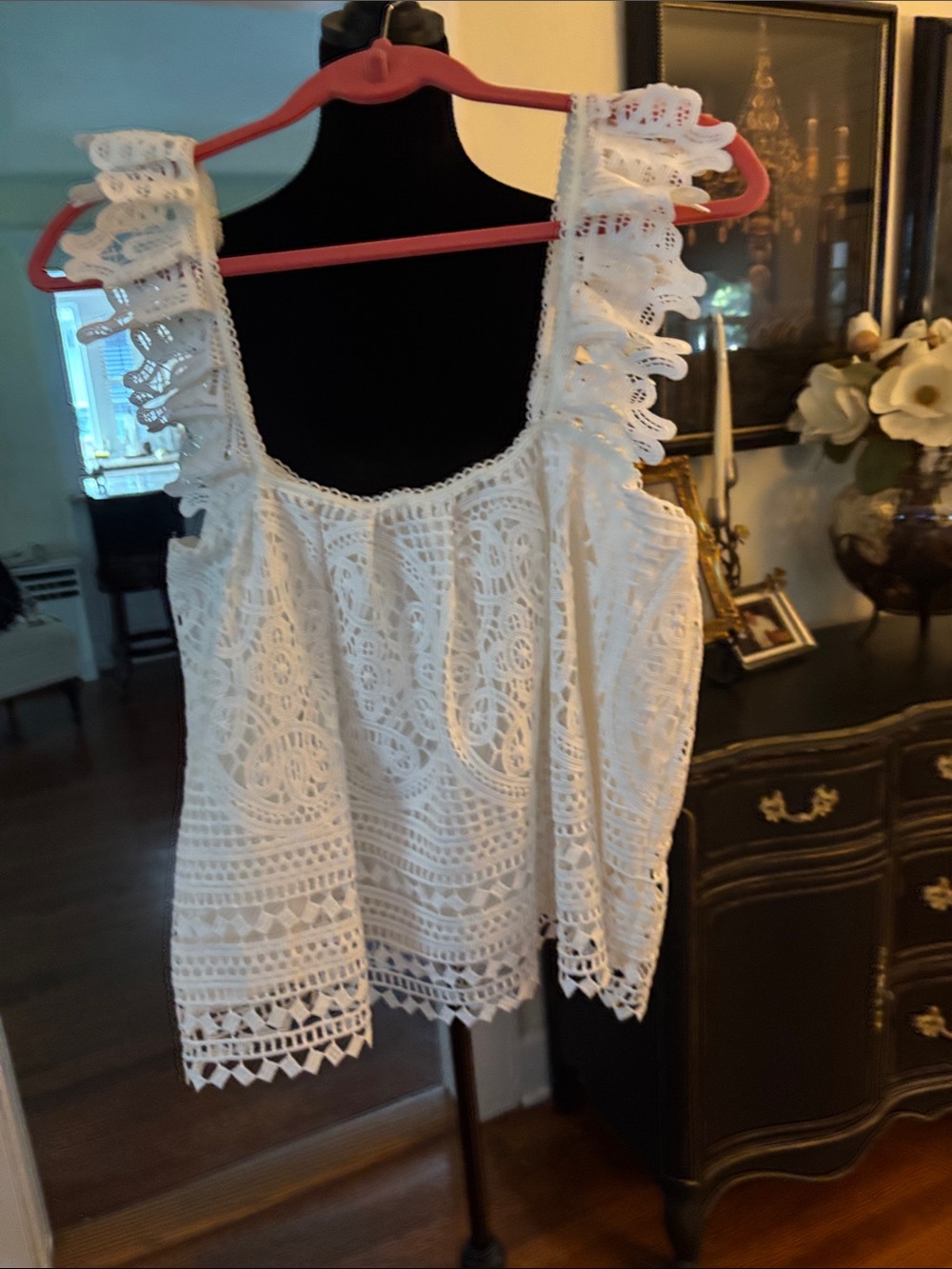 Anthropologie White Lace Crochet Ruffle Strap Camisole